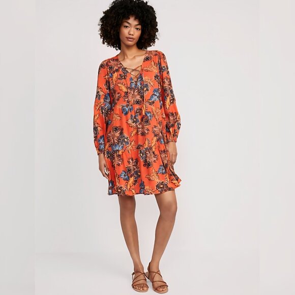 Old Navy - M Women Tie Neck Tiered Orange Floral Mini Swing Dress Boho - Picture 1 of 5